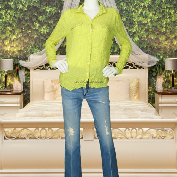 Ann Taylor  LOFT Tiny Bird All Over Print Button Up Top Shirt Blouse L - Picture 1 of 9